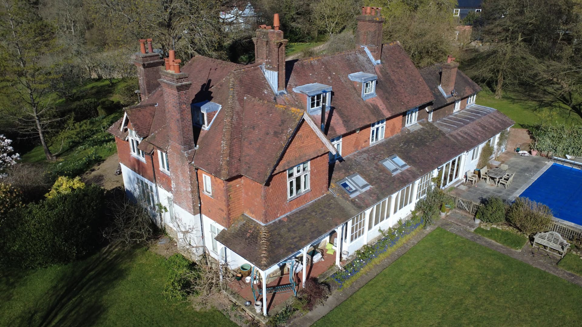 Aerial view of large roofing project