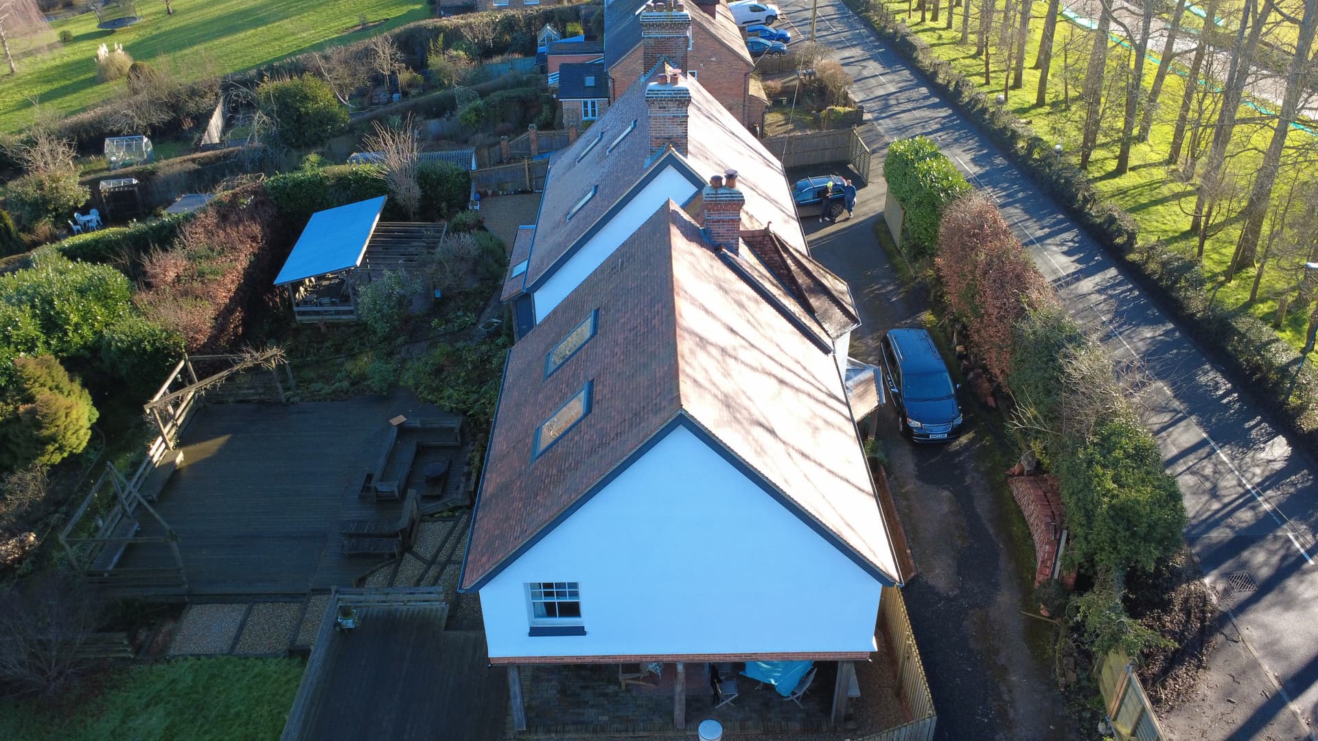 Aerial view of completed roofing project