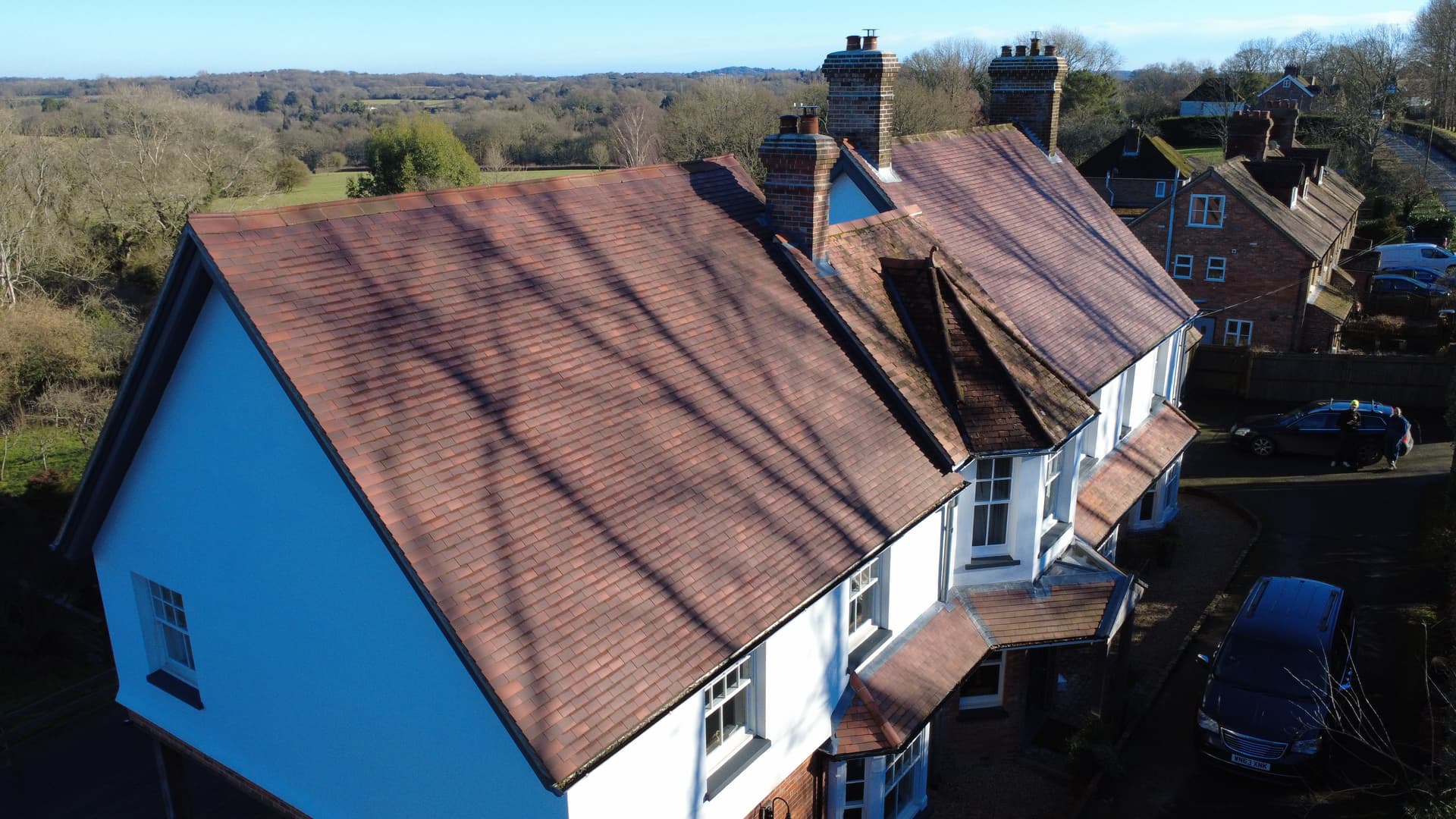 Drone shot of tiled roof installation